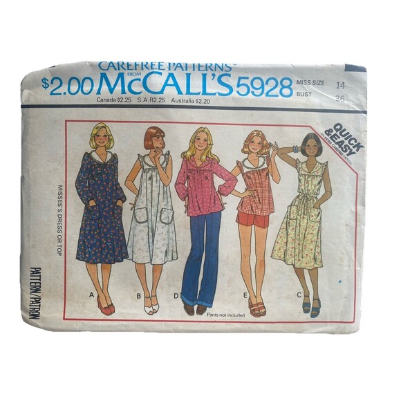 McCall's Other - McCall's Pattern #5928 - Yoked Dress & Top - Size 14 Bust 36 - 70s VTG Retro FF